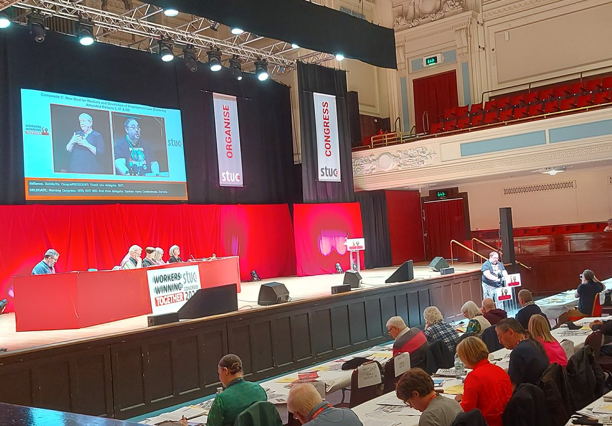 RMT_Scotland's tweet photo. NEC @RMTunion member @Wjrs64 speaking in the Trade unions and Employment Rights debate this morning @ScottishTUC  'we need the New Deal and the complete repeal of all anti trade union laws' ' No more fire and rehire' #STUC24 https://t.co/qZzjbWYTtr