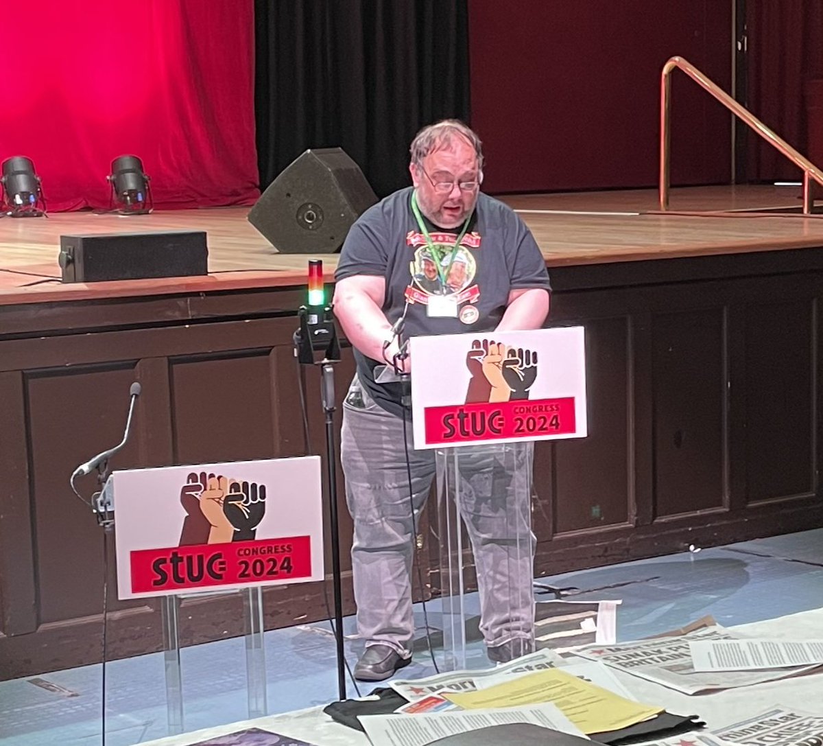 RMT_Scotland's tweet photo. NEC @RMTunion member @Wjrs64 speaking in the Trade unions and Employment Rights debate this morning @ScottishTUC  'we need the New Deal and the complete repeal of all anti trade union laws' ' No more fire and rehire' #STUC24 https://t.co/qZzjbWYTtr