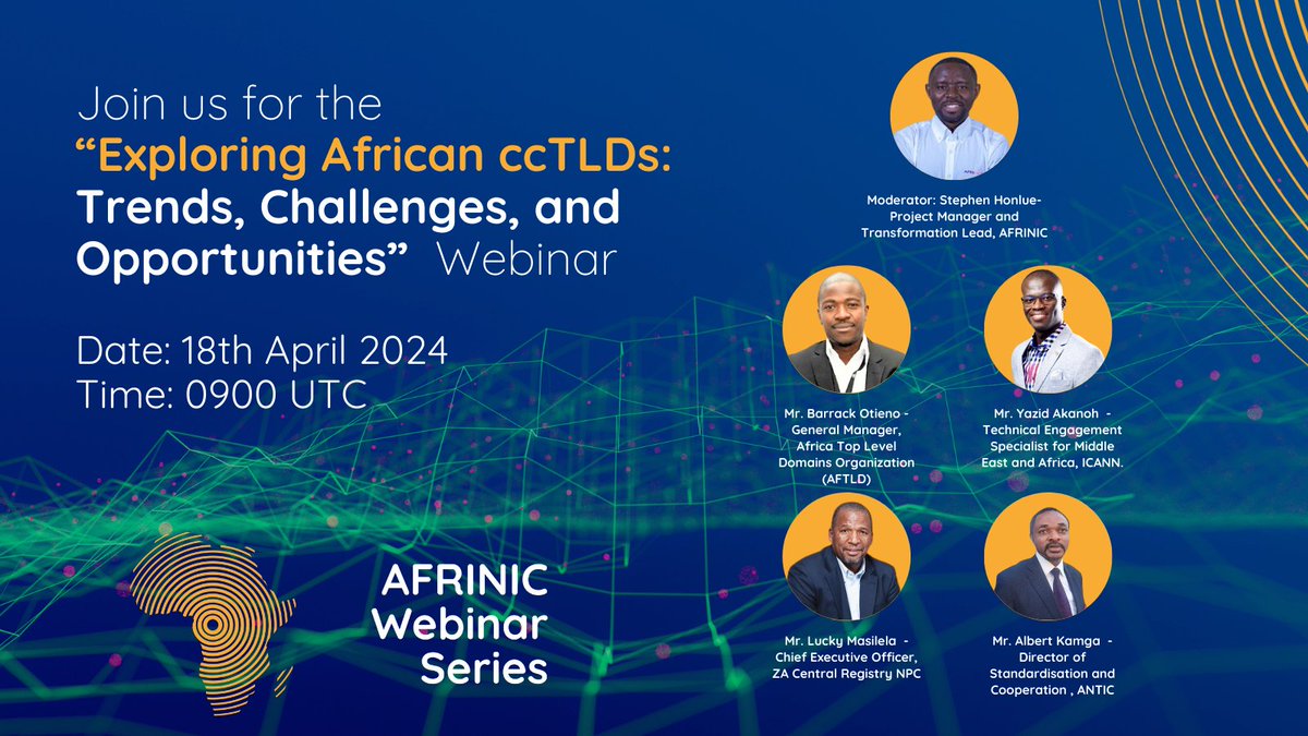 Join us for an insightful webinar as we explore African ccTLDs: Trends, Challenges, and Opportunities and discuss the potential of the African continent's online presence. Register here - bit.ly/Register-AFRIN…

#AfTLD #AfricanTech #ccTLDs #WebinarInsights