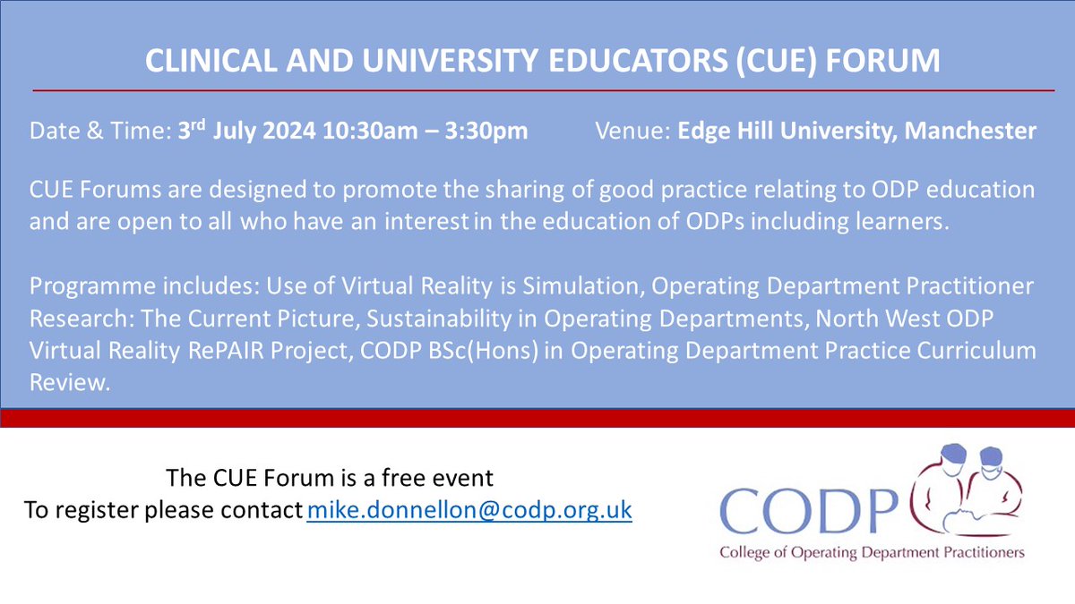 📣 The College is pleased to announce details of the next CUE Forum. 🗓️ 3rd July 2024 ⌚️ 10:30am - 3:30pm 🏫 Edge Hill University (Manchester Campus) St James Building, Oxford Road, Manchester.