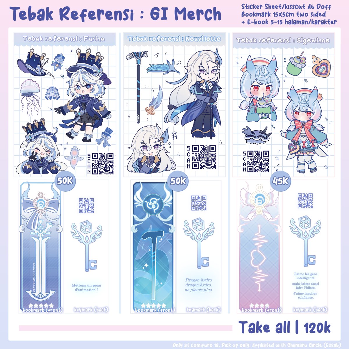lunamaachi's tweet photo. PO PICK-UP ONLY
Genshin Impact : Tebak Referesi Edition
🏷Booth @chiimarucircle (E22ab)
📆14 April - 27 April
🎁Bookmark, Sticker Sheet/Kisscut, E-book

Beli stiker dan bookmark, dapat E-book kecil!📔
Form PO dan selengkapnya ada di reply kedua!

#cf18catalogue #comifuro18 #cf18 https://t.co/y0CIiHEtDP
