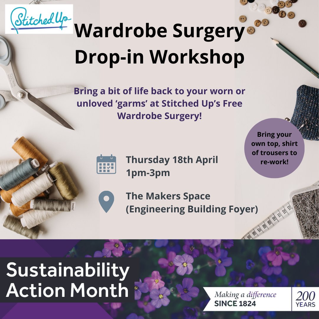 Come along to our free Wardrobe Surgery Workshop tomorrow from 1pm-3pm run by @StitchedUpCoop♻️ Bring along an unloved item of clothing and rework or repair it. It won't be one to miss!💚 #uom #Sustainability @SustainableUoM @SocialResponUoM