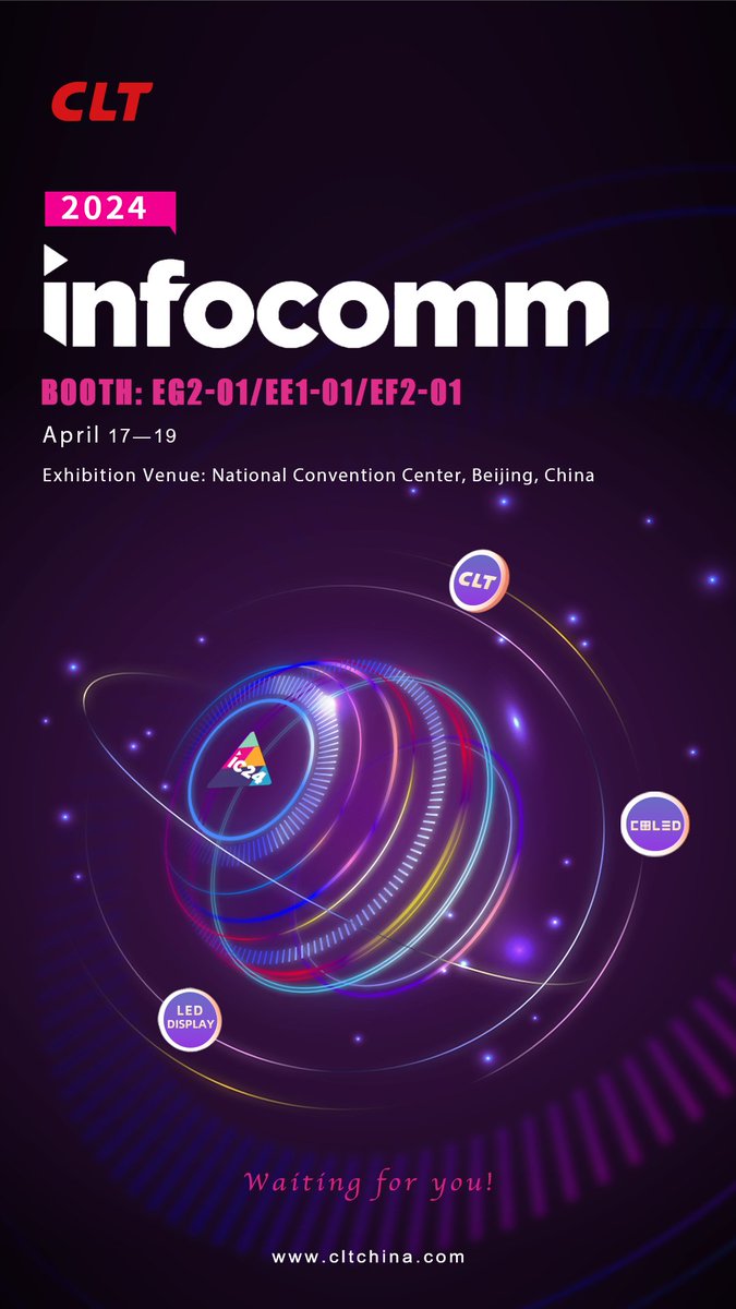 #Infocomm2024 has started!Happy Time is coming!🤩

🕕Date: 17-19 April 2024
📍Location: National Convention Center, Beijing, China

We are expecting to witness the grand occasion with you!

#CLT #CLTled #leddisplay #infocomm2024 #intergratedsystem #audiovisual #microled