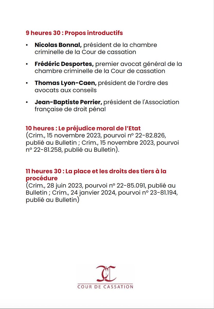 La <a href="/Courdecassation/">Cour de cassation</a> organise, avec <a href="/Francepenal/">France pénal</a> et <a href="/avoca_ssation/">Avocats aux conseils</a> "Les Rencontres de la Chambre criminelle".

L'occasion d'échanger, entre praticiens et universitaires, sur la jurisprudence récente de la Chambre criminelle et les questions soulevées !