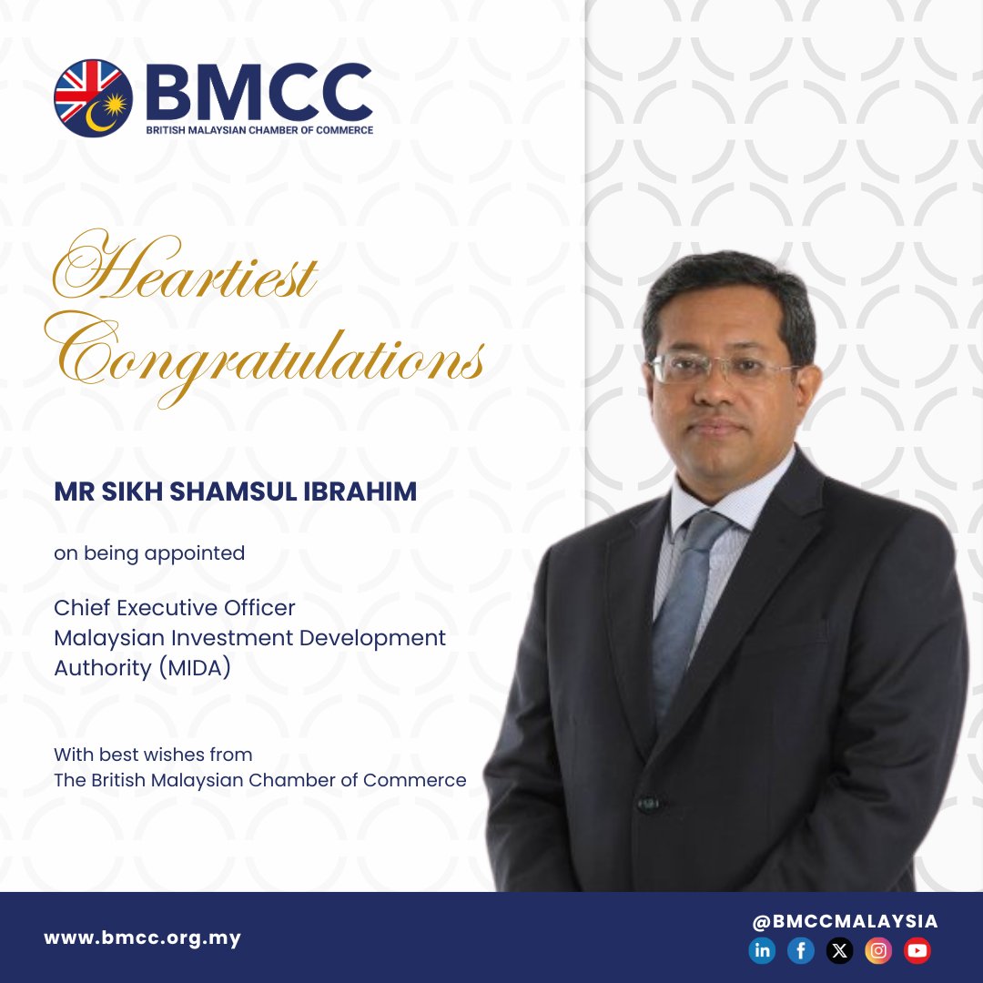 We congratulate Mr. Sikh Shamsul Ibrahim Sikh Abdul Majid on his appointment as the Chief Executive Officer of @OfficialMIDA. We look forward to working with Mr. Shamsul in his goals to attract investments in key sectors such as manufacturing, ICT, and green technologies.