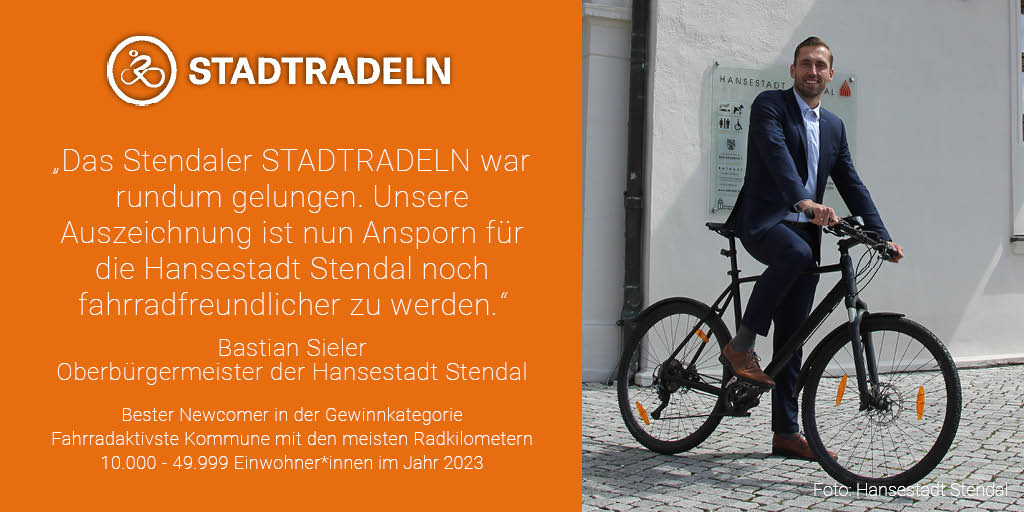 Für #Stendal war das #STADTRADELN 2023 ein voller Erfolg! 🌟Wir gratulieren allen Radelnden der Stadt Stendal👏 Herzlichen Glückwünsch! Hier gelangt ihr zum Statement vom Oberbürgermeister, Herr Bastian Sieler 👉stadtradeln.de/statements