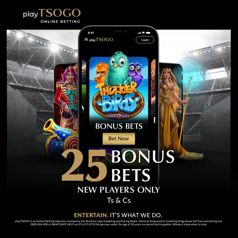 Join the fun at playTSOGO today and grab your 25 Bonus Bets. Let the good times roll. 🎲 Rules with complete offer at playtsogo.co.za 18+ Only - Ts & Cs apply.