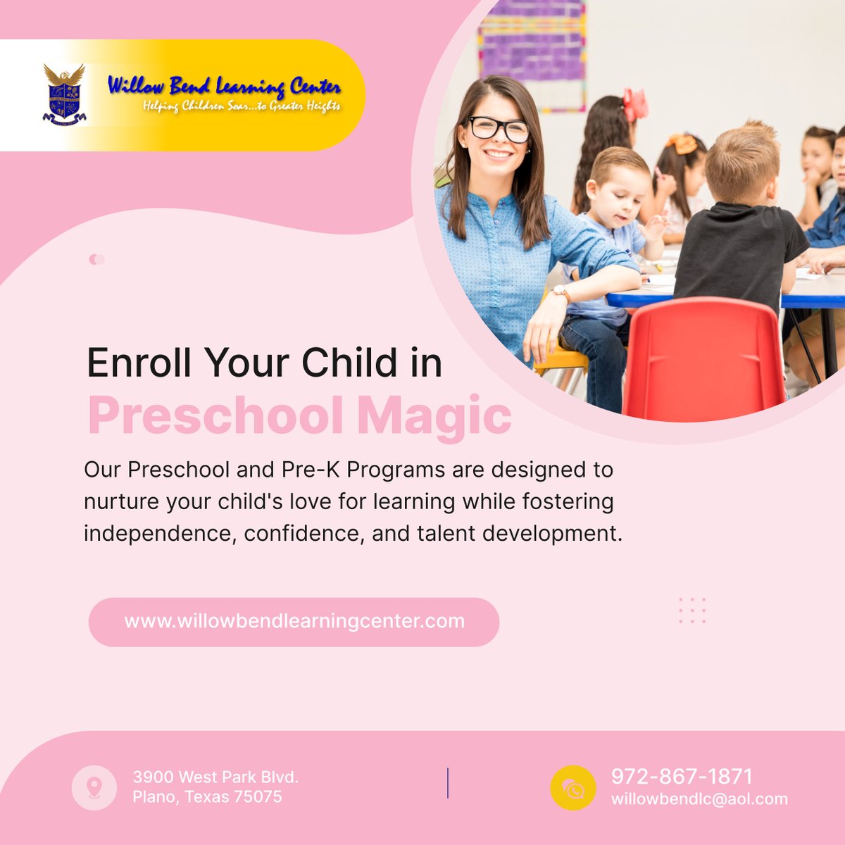 Unlock the magic of learning with Willow Bend Learning Center's Preschool and Pre-K Programs, where every day is filled with discovery, creativity, and joy.

#WillowBendLearningCenter #ChildDevelopment #Preschool #EarlyEducation #PlanoTX