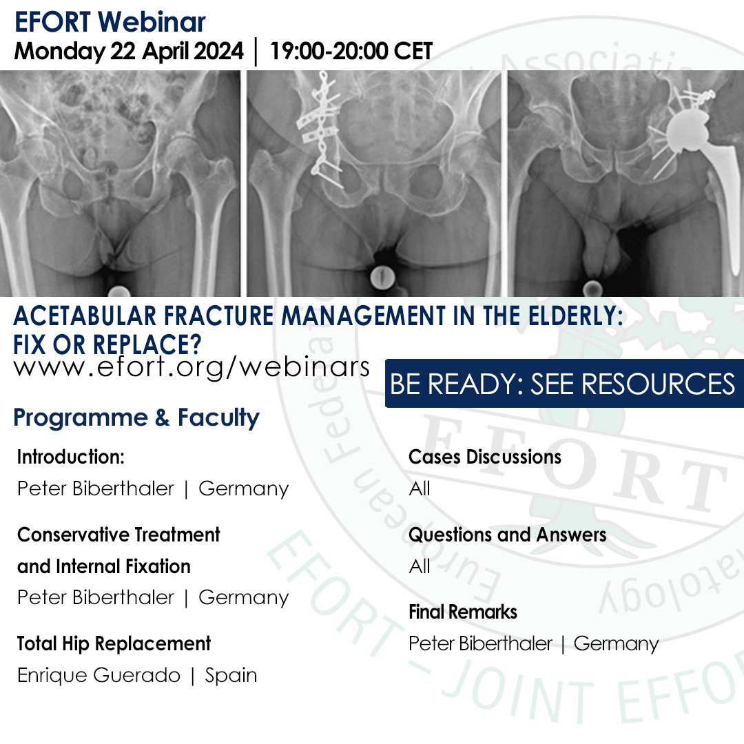EFORTnet's tweet photo. 🚩 Don’t forget to register for next week’s free EFORT Webinar on #Acetabular #Fracture Management In The Elderly: Fix Or Replace?
It will be chaired by Peter Biberthaler
👉 Free registration https://t.co/UE0a6TA6az
#arthroplasty #THA #internalfixation #hip #THR #traumasurgery https://t.co/MHJLKfAXa4