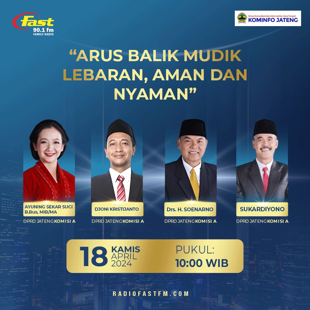 Ayo, mari kita dengarkan dialog bersama DPRD Jawa Tengah tentang tema 'Arus Balik Mudik Lebaran: Aman dan Nyaman', agar kita dapat memahami upaya2 yg telah dilakukan dan yg akan dilakukan untuk memastikan keselamatan dan kenyamanan selama musim mudik Lebaran. <a href="/dprdjatengprov/">DPRD Jawa Tengah</a>