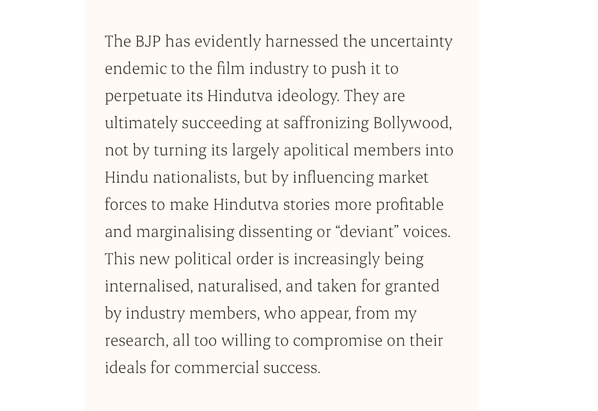 I adapted my Master’s dissertation at @SOAS @SOASanthro into this essay for @saaganthology — many publications are covering the state of Bollywood now, but I sought to explore the past few years since the pandemic to understand how it got here. saaganthology.com/article/saffro…