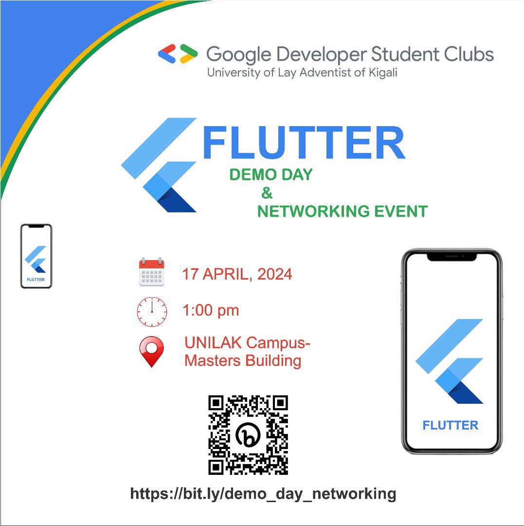 Join us today at @unilak_rwanda for a Flutter demo day and networking session. 

#gdscunilak 
@FlutterDev 
@gdsc_unilak