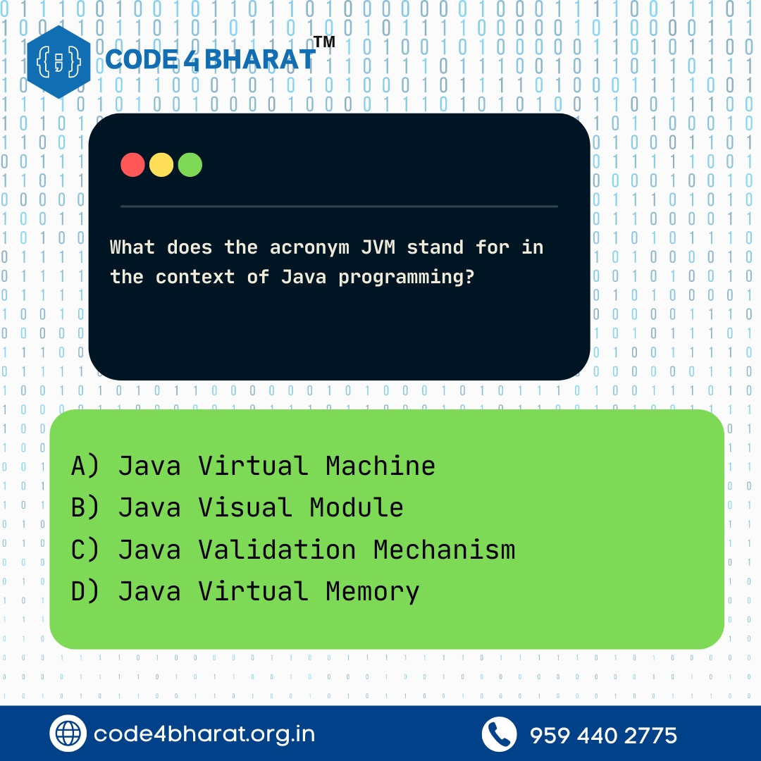 neha_mehna4809's tweet image. Java enthusiasts, here's a brain-teaser for you! 🤔 What does JVM stand for in the world of Java programming? Drop your answer below and tag a coding friend to join the challenge! 💡 #JavaChallenge #JVM #CodingQuiz #TagAFriend #code4bharat