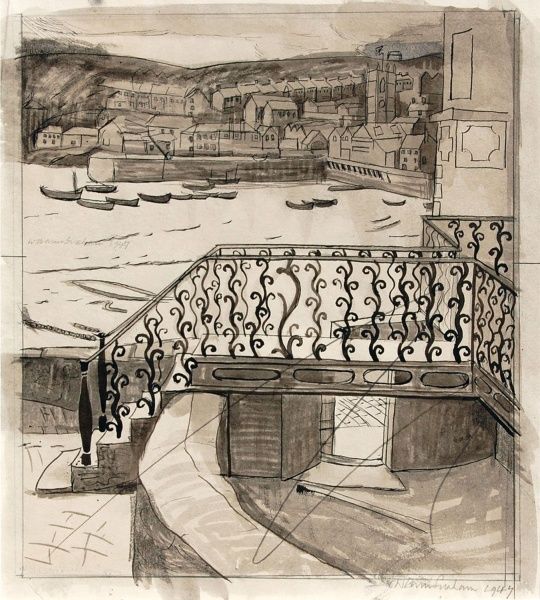 LAST CHANCE - to see @belgravestives their annual 'St Ives and Modern British' show. Featured is WBG's drawing of St Ives harbour, looking past the railings at the bottom of Mount Zion, unchanged since drawn in 1947. Check their website for full details - buff.ly/3PIKIPR