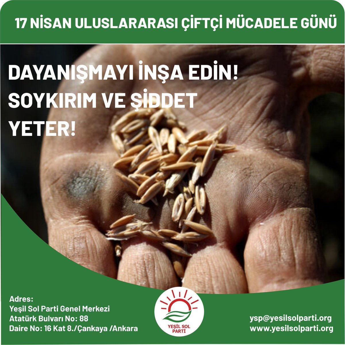 17 Nisan Uluslararası Çiftçi Mücadeleleri Günü! Tarım Alanlarının Yok Edilmesine, Gıda Egemenliğine, Topraksızlastırmaya, Soykırım ve Şiddete karşı dayanışmayı birlikte inşa edelim! #17APRILINTERTIONALDAYOFPEASANTSSTRUGGLES