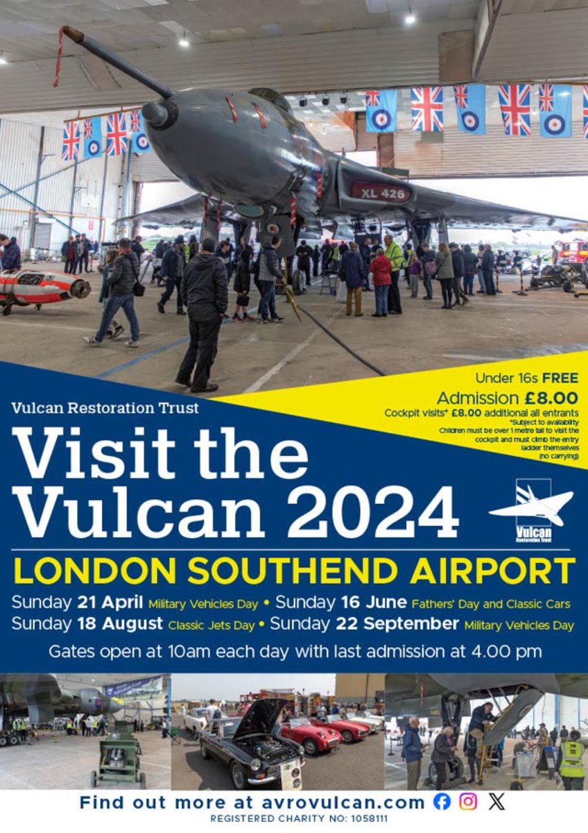 Now's your chance! Visit the Vulcan this Sunday for an almighty experience up close and personal with the infamous Avro Vulcan Bomber @XL426. Advanced tickets are still available to book online, with a limited few on the gate. 🔗 avrovulcan.com/events/visit-t… #FlyLondonSouthend