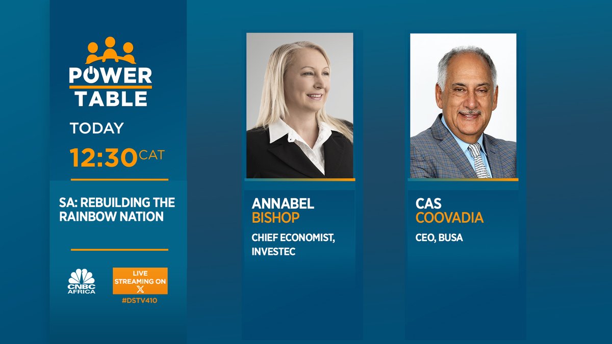 [WATCH] Today on #PLSA's #PowerTable: We're joined by @ABishopInvestec, Chief Economist @Investec and Cas Coovadia, CEO @BusinessUnitySA, to discuss rebuilding the rainbow nation. Tune into #DSTV410 at 12h30 CAT or watch the live stream on X.