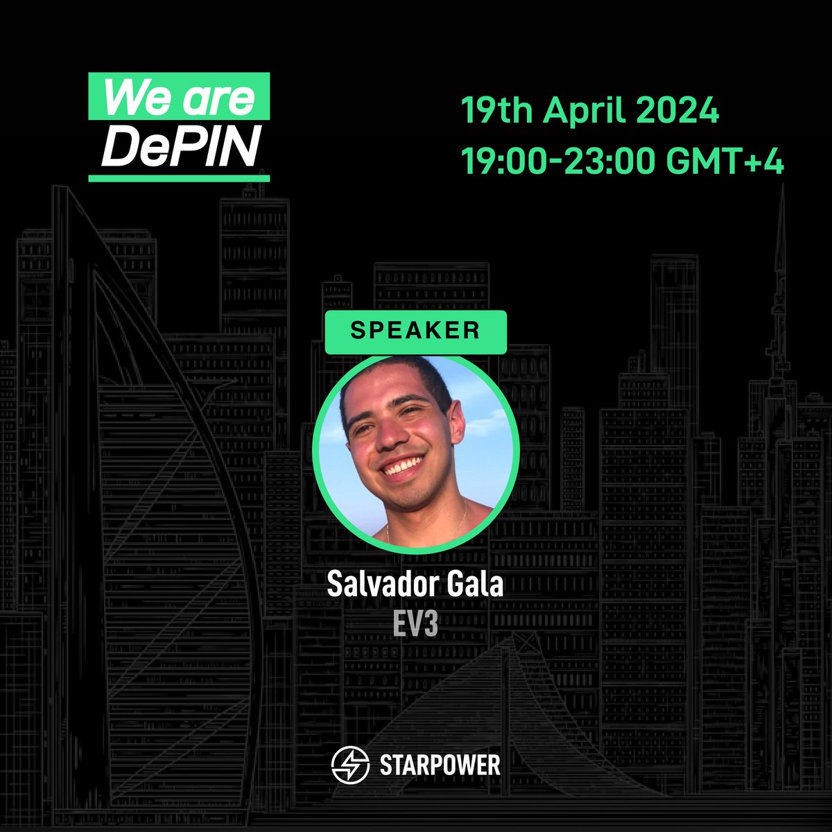 🥳 Meet one of our guest speakers, Salvador Gala, Founder of @EV3Ventures! 🤝 We look forward to kicking off an insightful Starpower DePIN Night in Dubai with all of you! 🍻 #DePIN #Starpower #Dubai #token2049