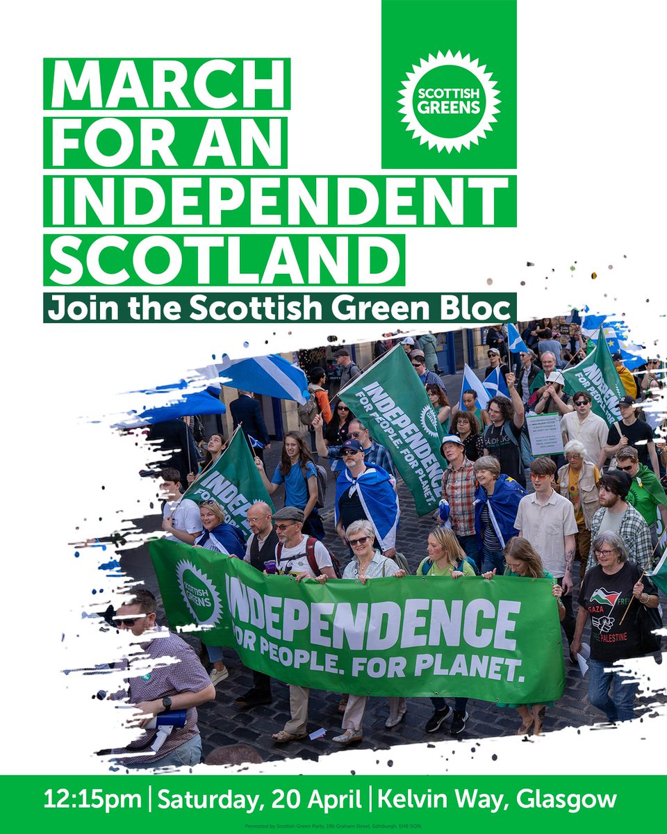 🏴󠁧󠁢󠁳󠁣󠁴󠁿This Saturday we'll be joining the March for an Independent Scotland from Kelvin Way to George Square in Glasgow. 📍Come along and join the Scottish Green bloc! Look for the green flags and banners. We'll be assembling from 12:15pm for the march to start at 12:30pm.