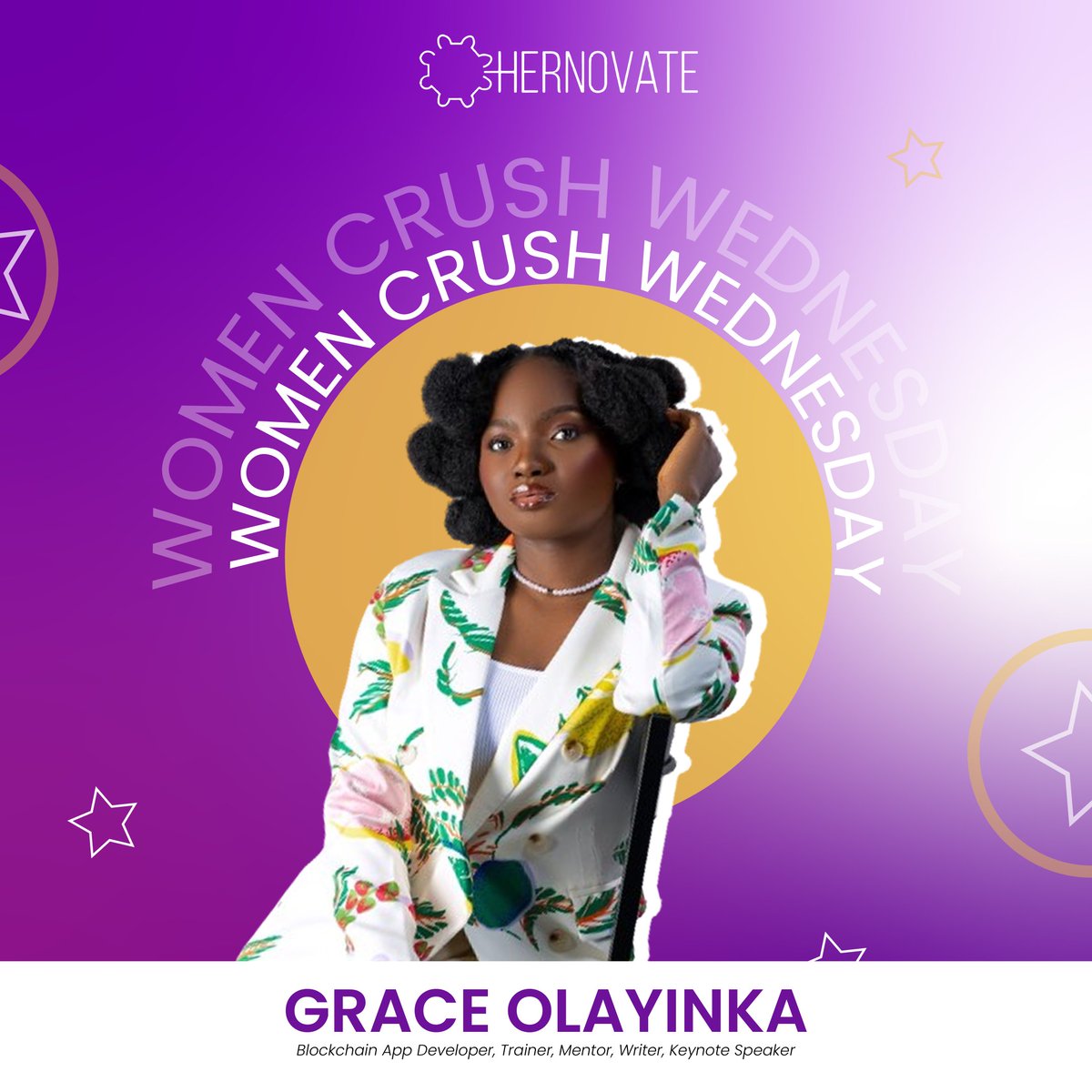Meet our Woman Crush of the month @graceomole3. 

Grace Olayinka is a Tech Lead, a Blockchain App Developer and the Cofounder of Solaceswags.

Her journey as a tech lead and a business woman is inspiring to say the least.

Hernovate celebrates you today! Keep shining brightly 🌟
