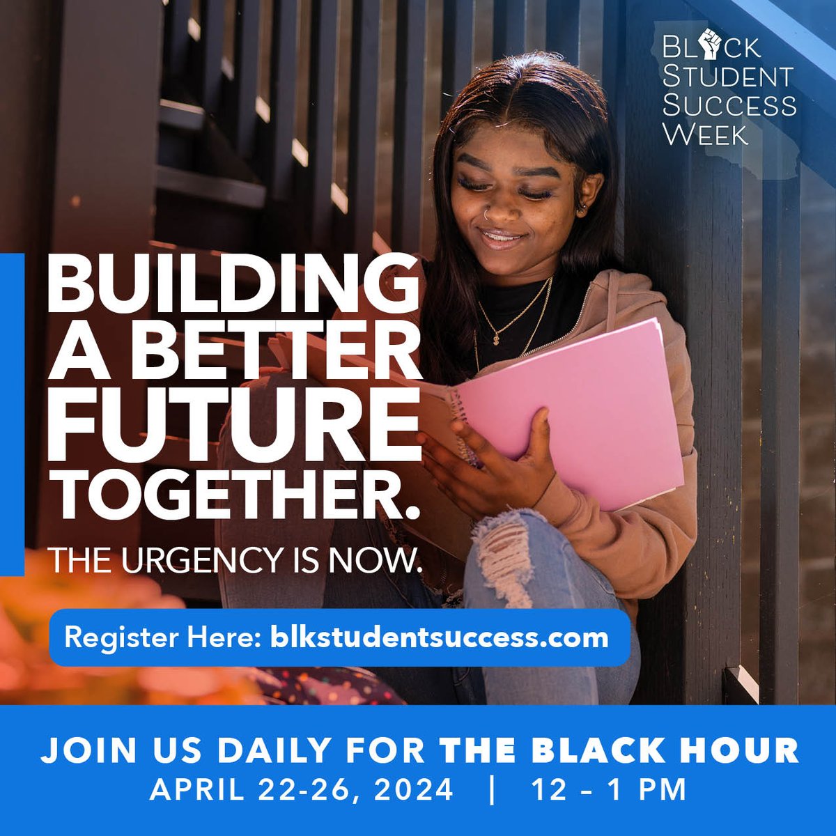 Join us for #TheBlackHour daily next week with FREE daily webinars that address challenges faced by black students and provide the necessary tools to excel academically, personally, and professionally.

Register at blkstudentsuccess.com

#BSSW24 #BlackStudentSuccessWeek