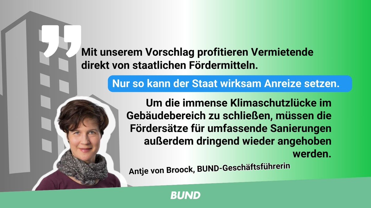 Die #Klimakrise schreitet voran, beim #Klimaschutz im Gebäudebereich hakt's. Höchste Zeit, energet. Sanierungen voranzutreiben - ohne Mietende einseitig zu belasten. Unsere mit @DMBMieterbund gem. beauftragte Studie durch @ifeu zeigt, wie's geht: bund.net/service/presse… #Mieten