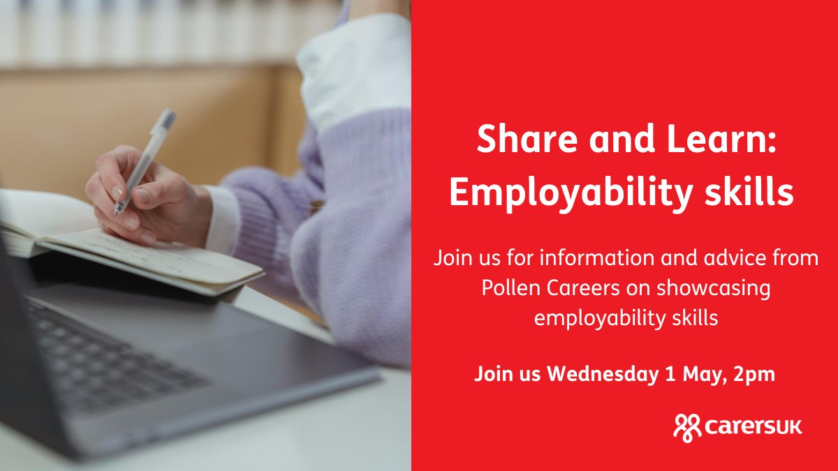 If your caring role changes or ends, you may decide you want to return to work. Join us and Sophie O'Brien from Pollen Careers for advice and information on showcasing your employability skills when applying for work. 💻  Book here: go.carersuk.org/49D64Wa