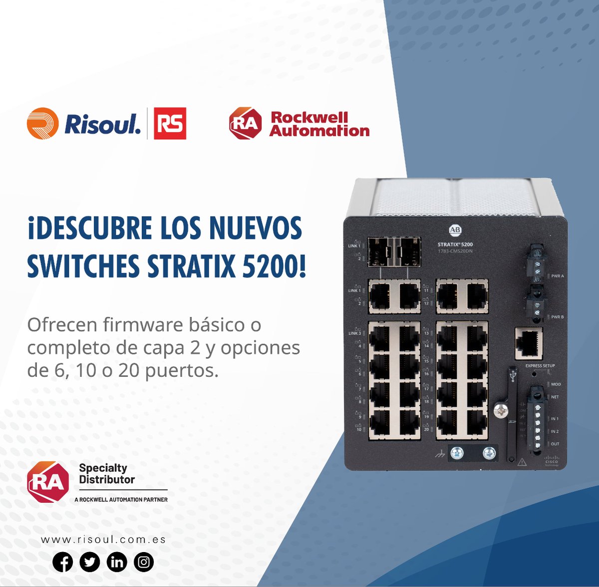 Los switches Stratix 5200 se adaptan a tus necesidades con la plataforma Cisco IOS® XE y una interfaz web amigable.
#SomosRS #HacemosQueSucedaLoIncreíble #PorUnMundoMejor

Contáctanos para más información: hubs.la/Q02t5yFY0