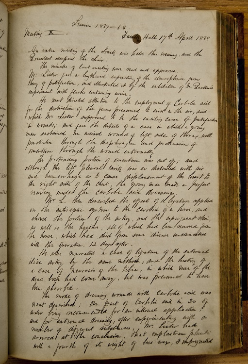 #OTD 1868 in our Faculty Hall, Joseph Lister presented his findings on antiseptic surgery. The Glasgow Medico-Chirurgical Society minutes record that momentous occasion #histmed #Lister