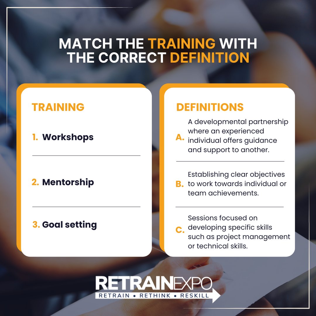🧩 Match the training with the correct definition 🧩

Share your answers in the comments below! 👇

#RetrainExpo #RTE24 #Retrain #Upskill #Reskill #EmployeeDevelopment #EmployeeTraining #ExCeLLondon