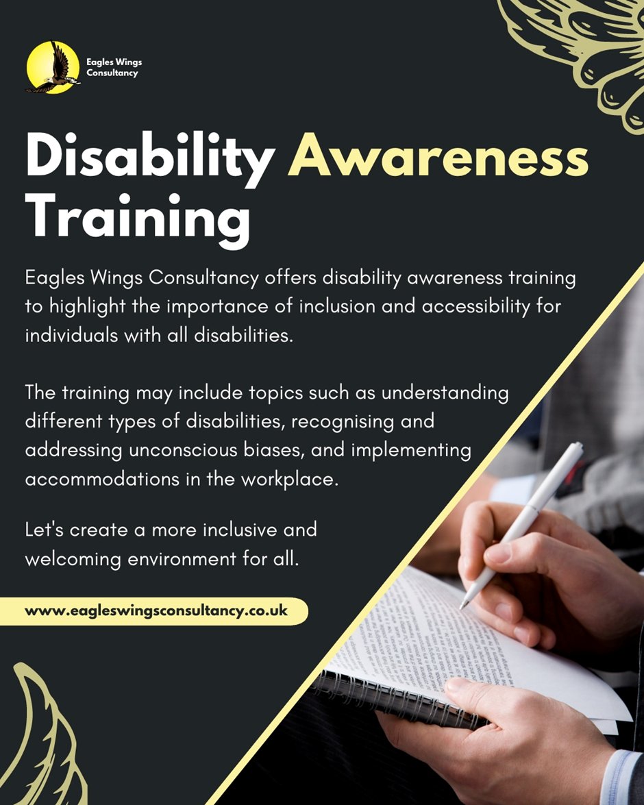 #DisabilityAwareness #Training #EWC #Disability #Inclusive 

#EaglesWingsConsultancy #DisabilityConsultant #DisabilitySpecialist #ExpertByExperience #TurningDisabledToEnabled eagleswingsconsultancy.co.uk  X – @EWConsultancy