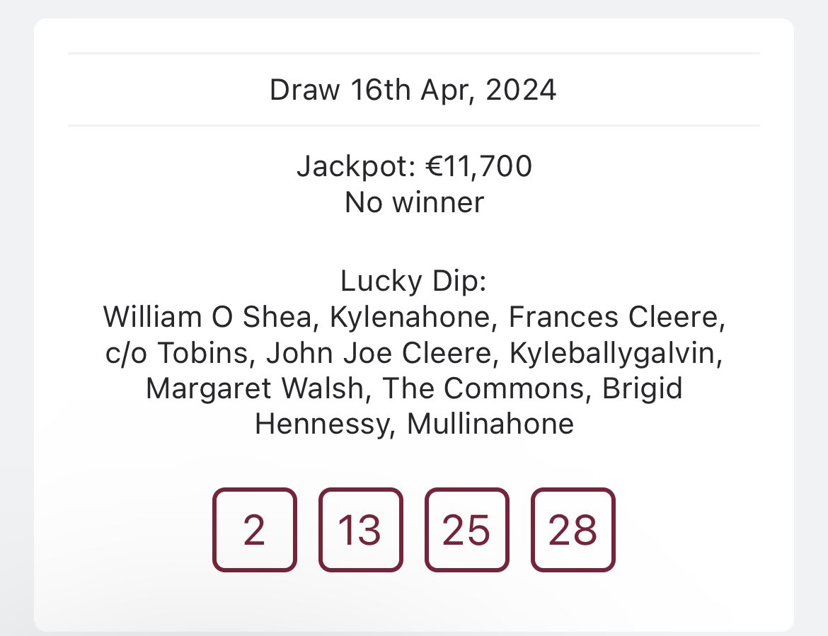 ⭐️Lotto results- 16th April 2024⭐️ No winner on the night! Well done to the Lucky Dip winners🤩 Jackpot next week €11,900💰