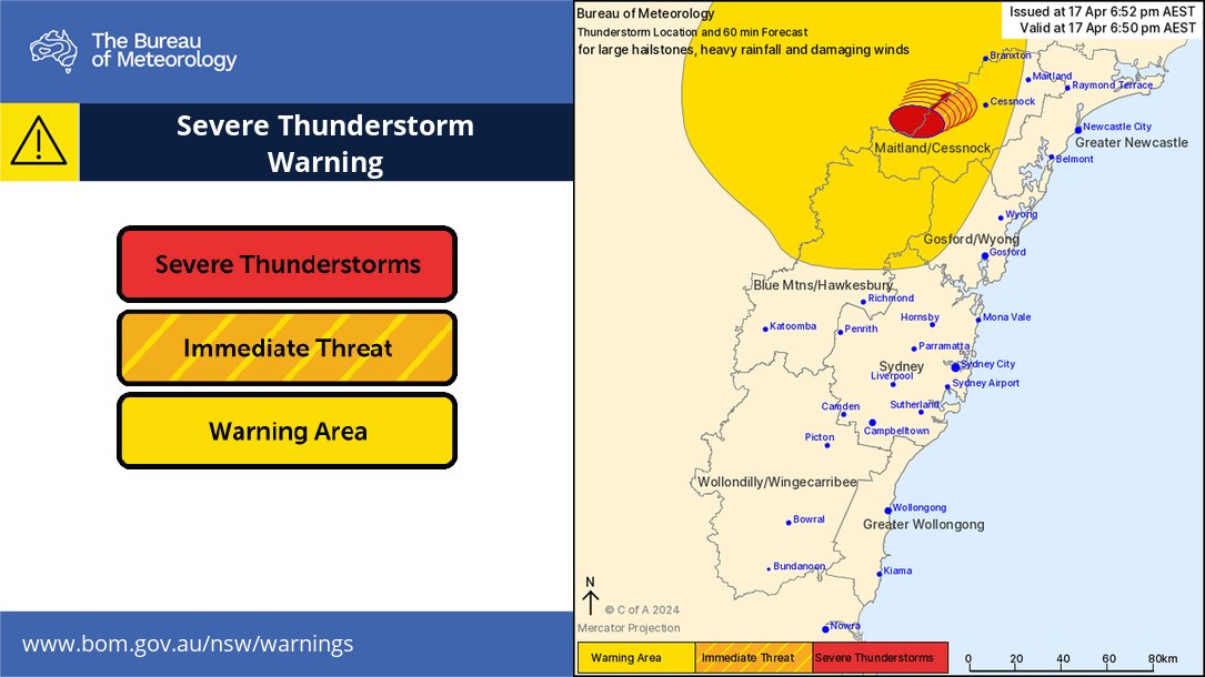 ⚠️⛈️Severe thunderstorm #warning update: severe thunderstorms ongoing west of Cessnock. Details and updates: bom.gov.au/nsw/warnings/