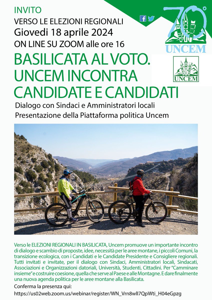 BASILICATA AL VOTO. UNCEM INCONTRA CANDIDATE E CANDIDATI. Dialogo con Sindaci e Amministratori locali Presentazione della Piattaforma politica Uncem VERSO LE ELEZIONI REGIONALI. Giovedi 18 aprile 2024 ON LINE SU ZOOM alle ore 16. Iscriviti qui: us02web.zoom.us/webinar/regist…