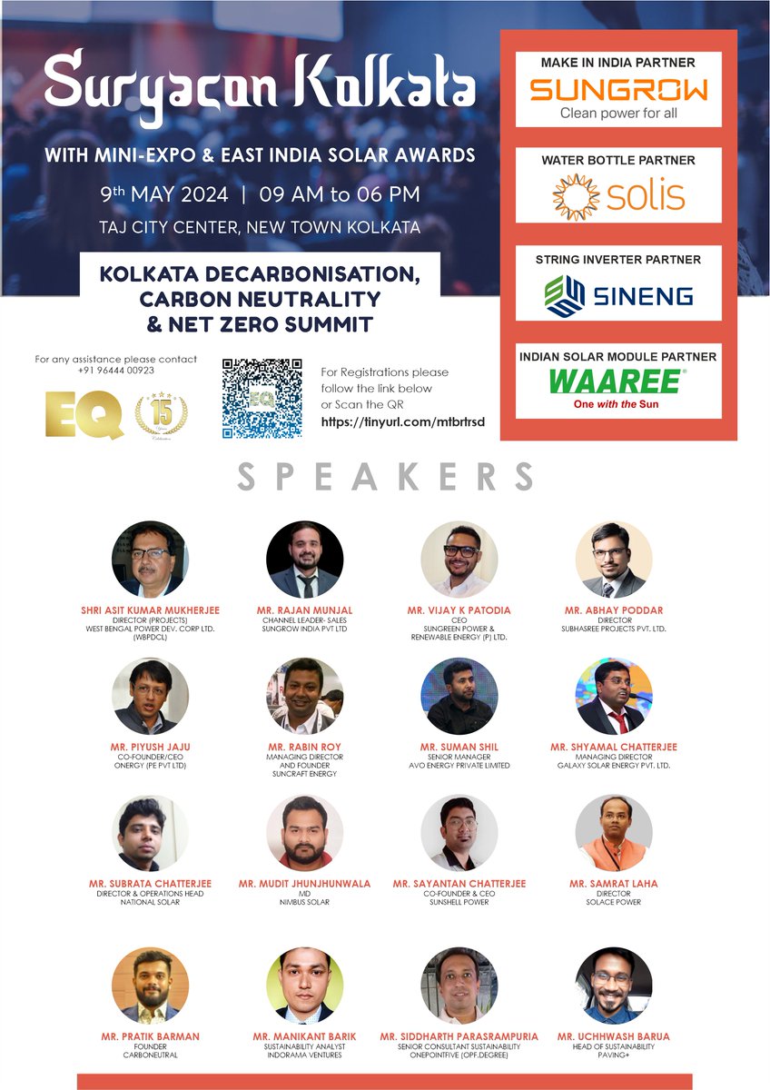 KOLKATA SuryaCon Conference, Mini-Expo + EAST India Annual Solar Awards 2024 + Kolkata DeCarbonisation, Carbon Neutrality & Net Zero  

lnkd.in/gf7d9JvT

@Sungrow_Power @Solexenergyin @Solis_Inverters
@ElectricSineng @waareegroup

#EQ #KOLKATAConference #SolarAwards2024