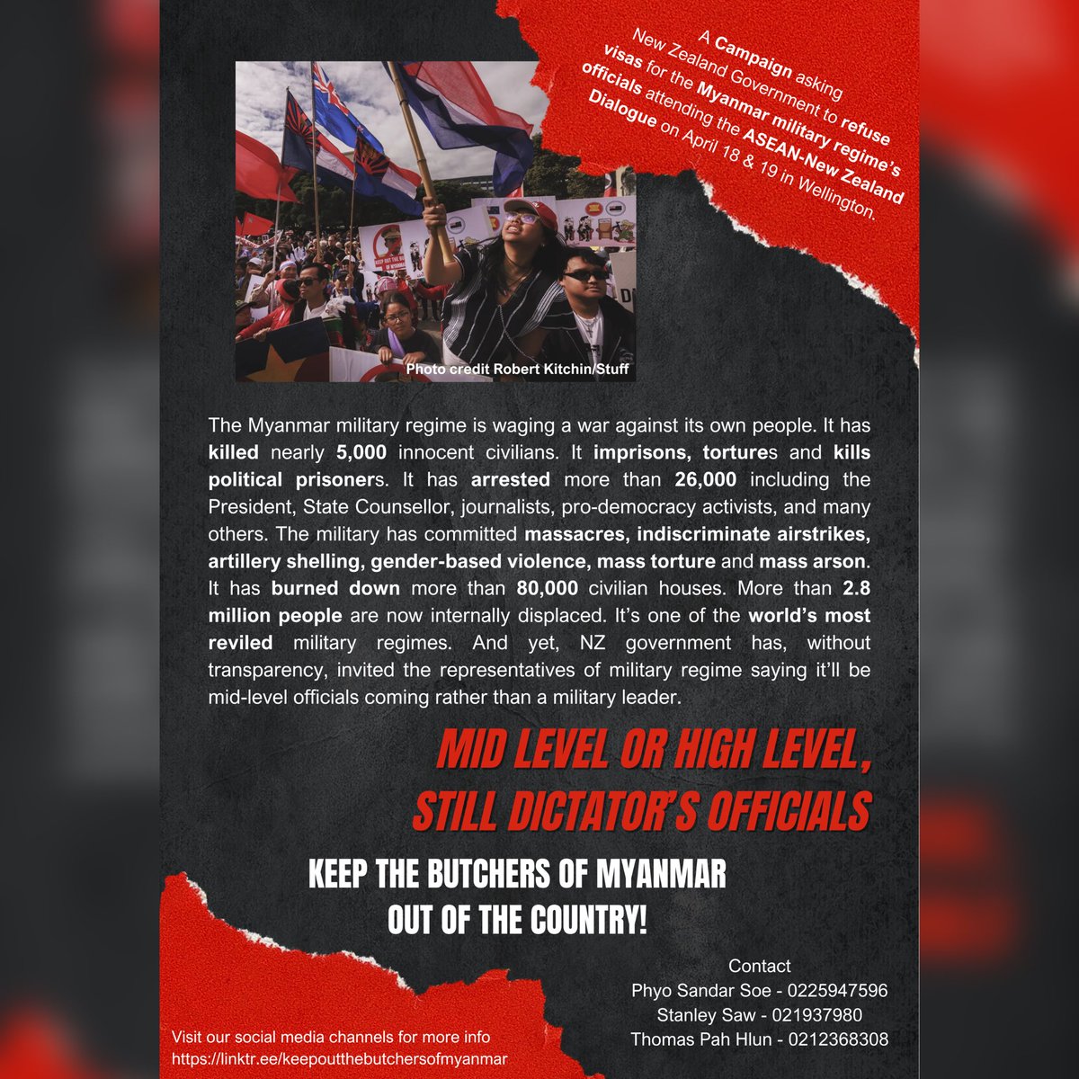 Urgent call to join the protest in #Wellington tomorrow 18 April where NZ-ASEAN dialogue takes place. Join us in this fight for justice! Time: 12pm- 2pm Location: Ministry of Foreign Affairs & Trade, 195 Lambton Quay, Wellington #keepoutthebutchersofmyanmar #newzealand #myanmar