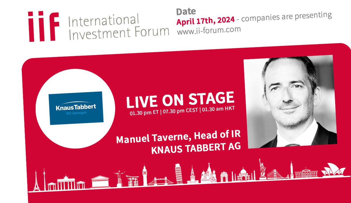 FINAL CALL: Knaus Tabbert AG at the 11th International Investment Forum (IIF). Manuel Taverne, Head of IR, is presenting on April 17 at 01.30 pm ET - 07.30 pm CET - 01.30 am HKT . #camping #holidays #motorhome Register now and free of charge: us06web.zoom.us/webinar/regist…