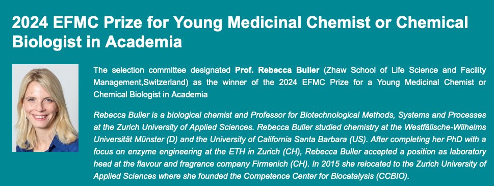 Super happy to receive this award 🎉! Huge thanks to my wonderful group, the selection committee and the supportive environment @EuroMedChem @NCCR_Catalysis @ZHAW Looking forward to presenting our science at the EFMC-ISMC conference in Rome! efmc.info/prizes