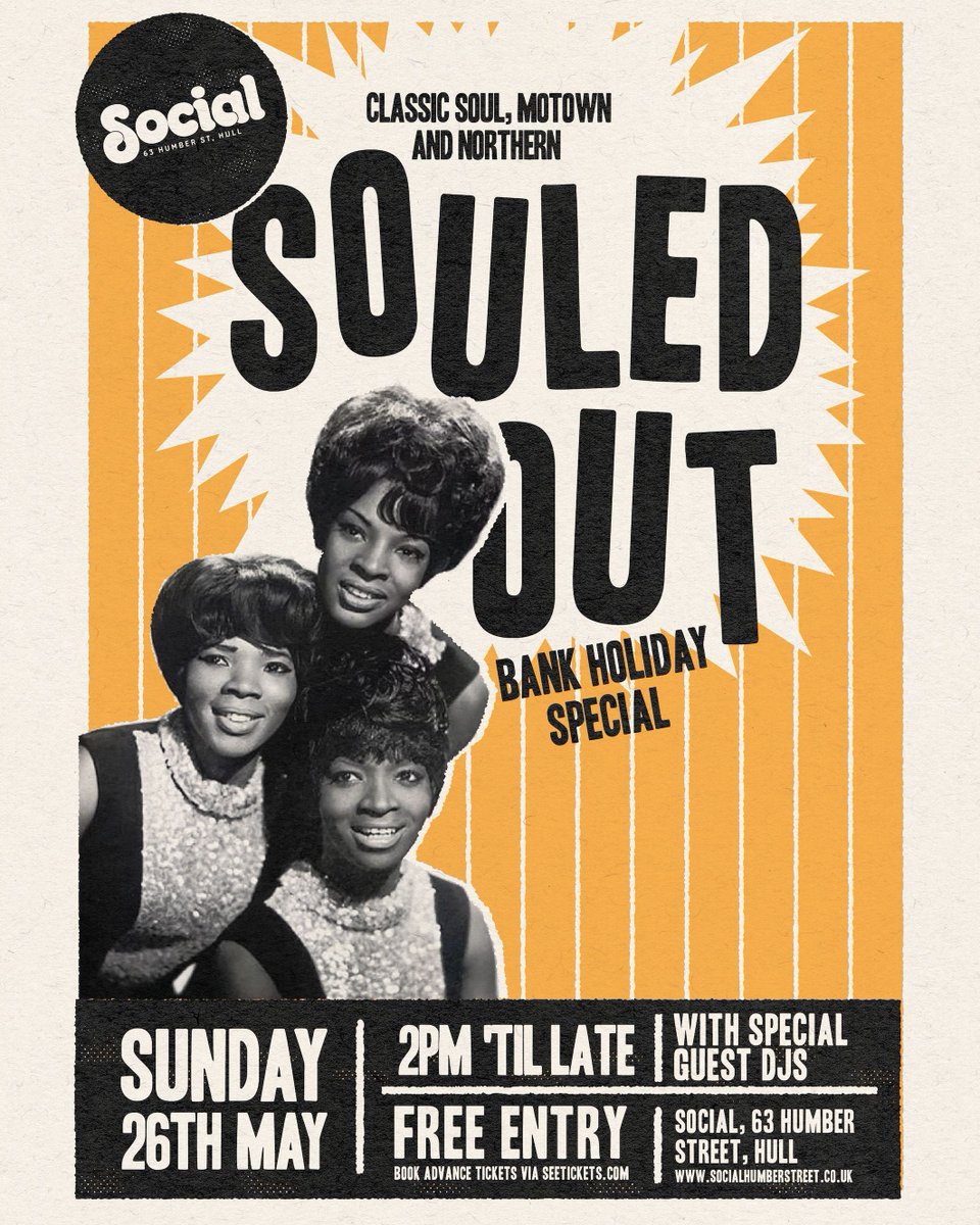 NEW SHOW // ON SALE After a super Easter Sunday event, we're delighted to host the return of SOULED OUT in May for another Bank Holiday all-dayer of the finest Northern, Motown and Soul tunes spun on vinyl by our guest DJs. 📅 Sun 26 May 🎟 book free tix bit.ly/SouledOutMay24