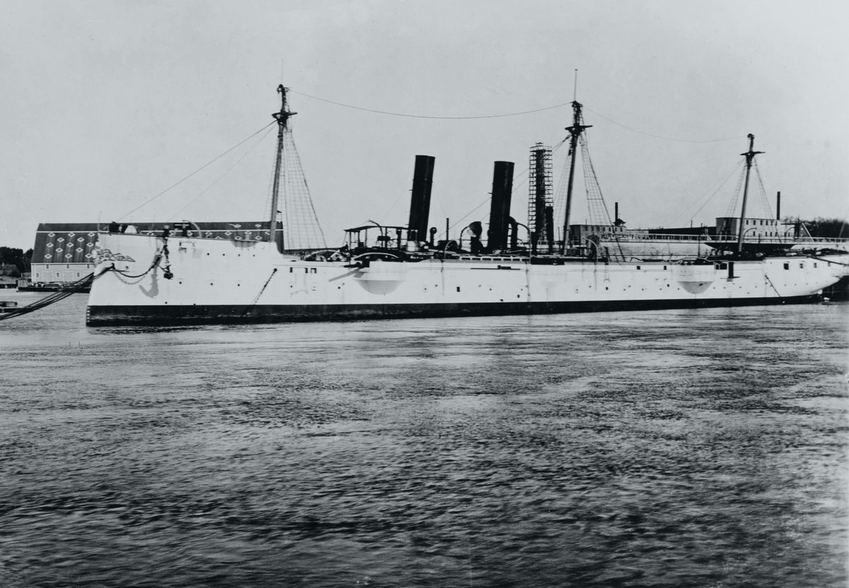 Date: January 1901. Location: Kittery, ME, USA. Event: Salvaged in March 1899, former Spanish unprotected cruiser Reina Mercedes undergoes extensive repairs at the Portsmouth Navy Yard. She will be put to service with the USN as a receiving ship 4 years later. Current status: