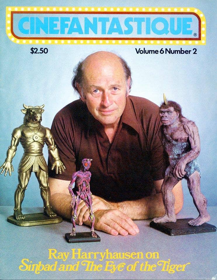Ray on the cover Cinefantastique magazine, with some of the stars of 'Sinbad and the Eye of the Tiger' (1977). Did you buy a copy of this for your collection #rayharryhausen