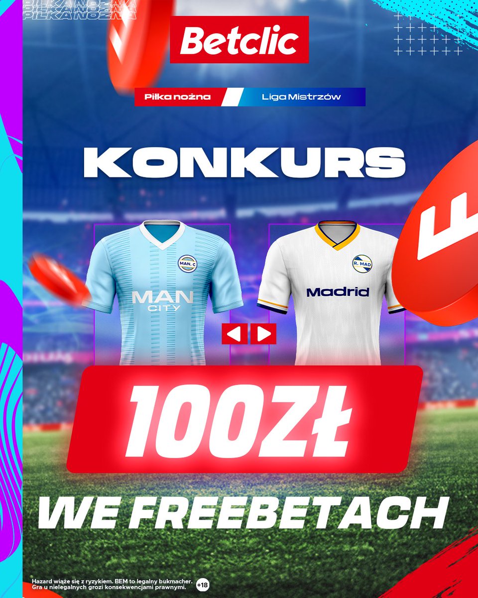⭐️KONKURS ⭐️  

🎁Do wygrania: 2x 50 zł we freebetach     

Zasady:  
🔎 obserwuj  <a href="/BetclicPolska/">Betclic Polska 🔞</a>   
🔄 retweet   
💬 wytypuj dokładny wynik meczu City 🆚Real + strzelca ostatniego gola (90min, bez dogrywki) i dodaj #KonkursBetclic  
📲 podaj login      

Gramy do 21. Konkurs