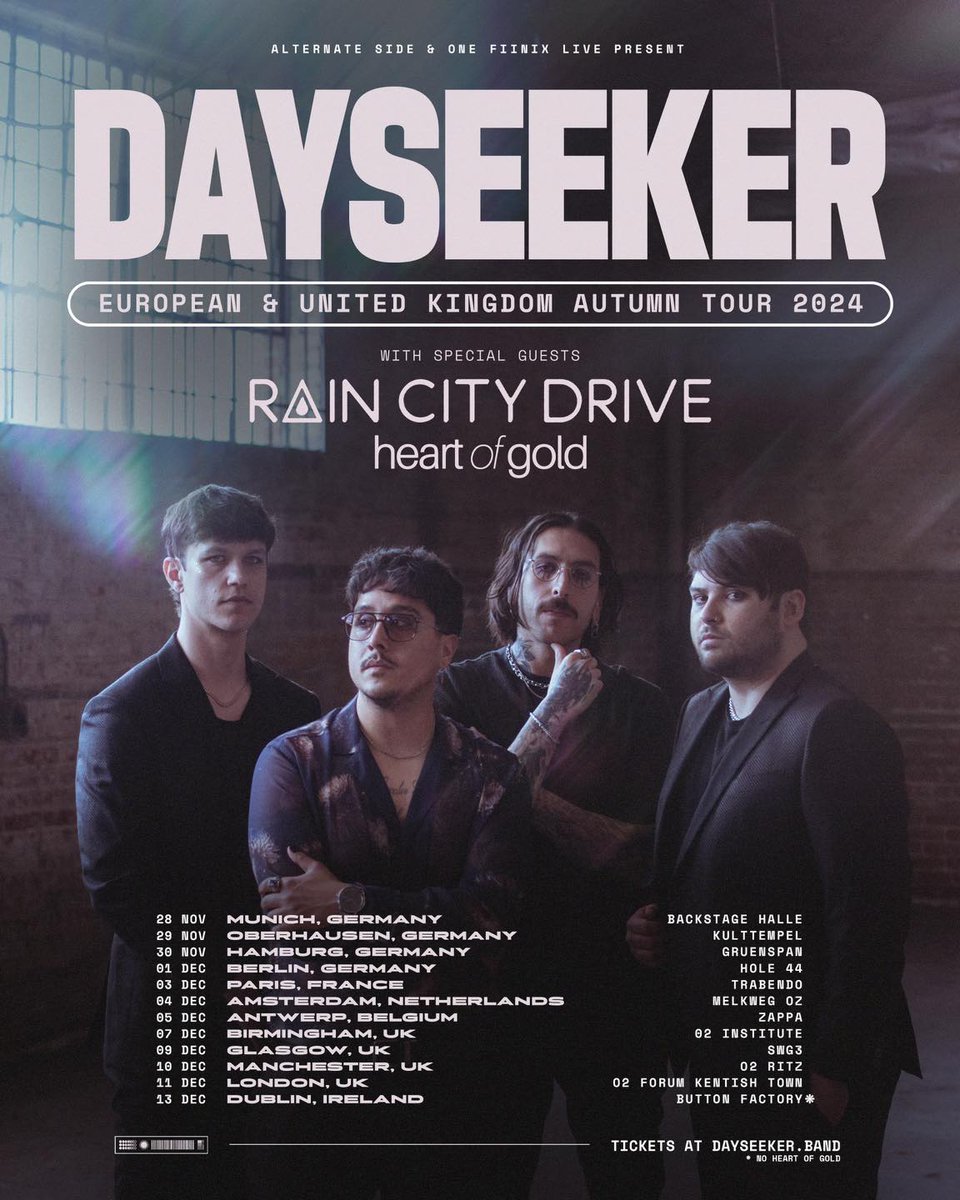Tickets have just gone on sale for @dayseeker's 2024 Tour! The band will head to the UK in December as part of a massive European Tour: gigseekr.com/tour/7wc