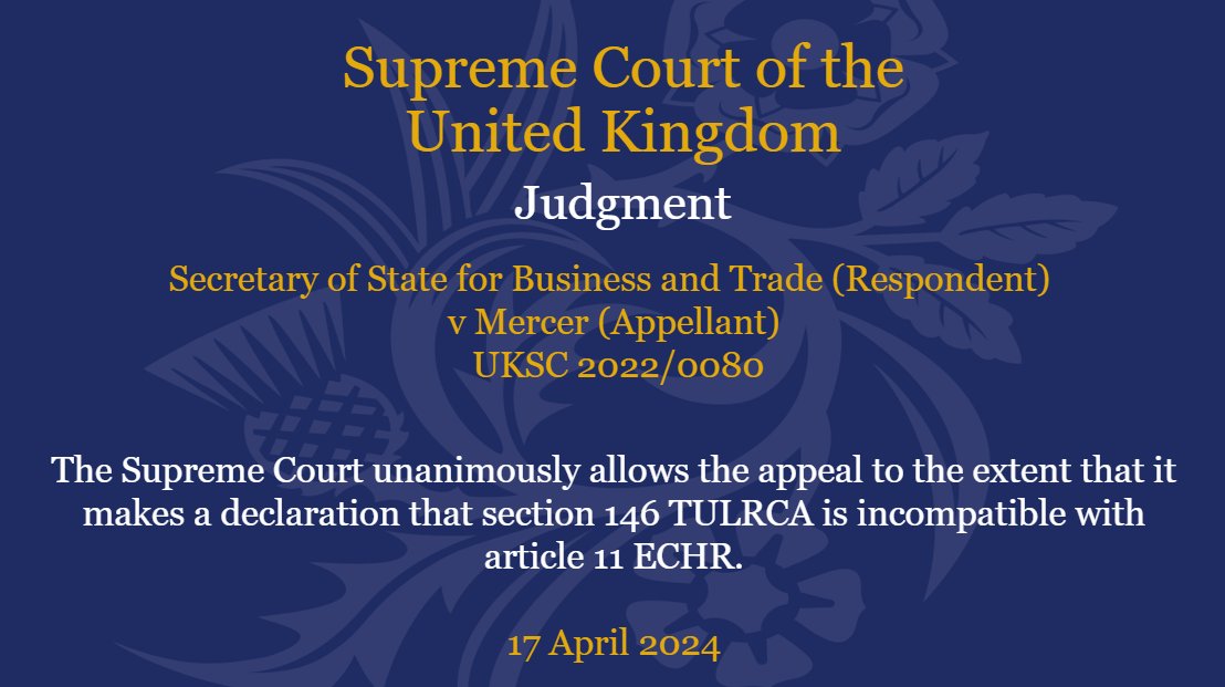 UKSupremeCourt's tweet photo. Judgment has been handed down this morning in the matter of Secretary of State for Business and Trade (Respondent) v Mercer (Appellant) UKSC 2022/0080: https://t.co/7YWVaWX9wq https://t.co/fFiC8wovu4