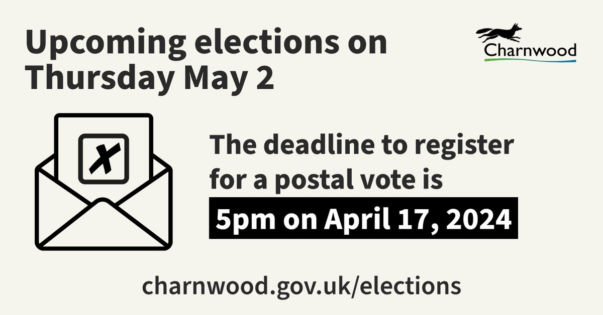 Over 22,500 postal vote packs have started to be sent out to residents who have applied to vote by post for the two upcoming elections taking place in Charnwood on Thursday May 2. The deadline to apply for a postal vote is 5pm today! (April 17). charnwood.gov.uk/pages/voting_b…