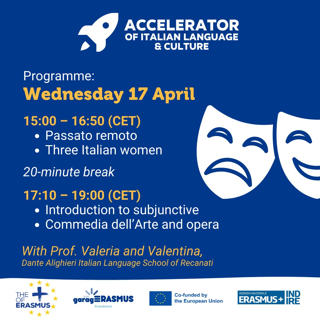 garagErasmus's tweet image. 🚀The eighth session of the Accelerator of Italian Language and Culture is almost here! Check out the programme. 
#ITAccelerator #ErasmusPlus #ItalianCourse #ThePlusofErasmus #ItalianCulture #ErasmusStudent #Italy #ErasmusinItaly