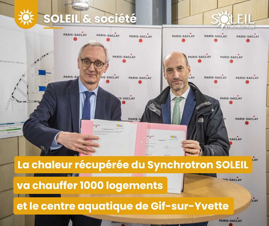 #Communiqué @ParisSaclay & SOLEIL ont signé une convention de partenariat, le 15.04.24, pour utiliser la chaleur perdue récupérée du synchrotron. L'objectif ? Chauffer 1000 logements du campus urbain & le centre aquatique de Gif-sur-Yvette. + d'infos👉synchrotron-soleil.fr/fr/actualites/…