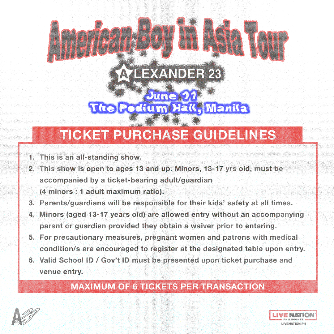 Don't miss Alexander 23: American Boy In Asia Tour happening on June 11, 2024 at The Podium Hall! Grab your tickets now before they run out at smtickets.com and SM Tickets outlets. For more info, visit livenation.ph. #AmericanBoyInAsiaTourPH