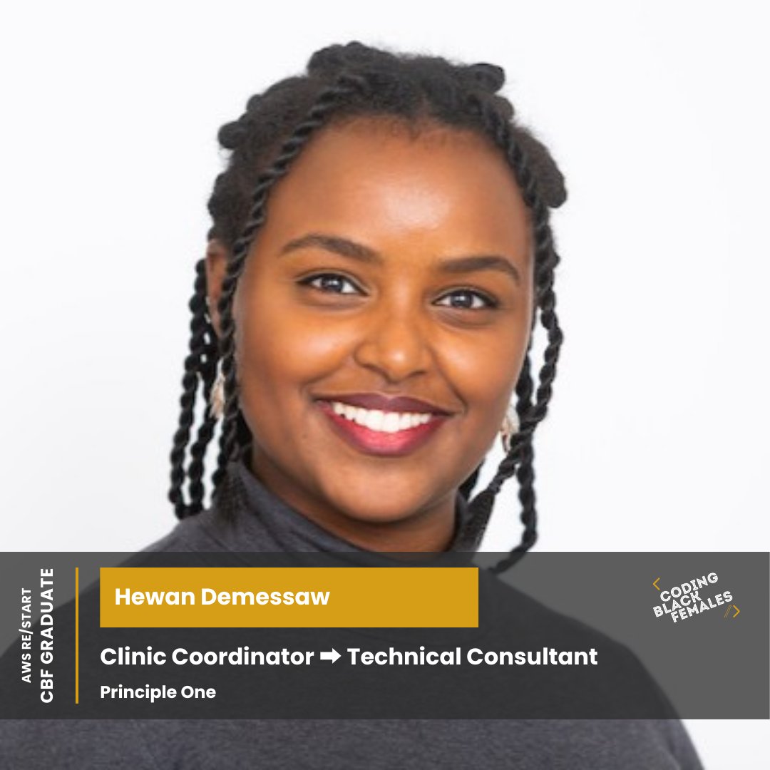 Meet Hewan! She completed her bootcamp journey with CBF and is excelling in her tech career! Join us in congratulating her on this incredible achievement! If you would like to have similar success in your tech career, start your journey and sign up here: codingblackfemales.com/academy/awsres…
