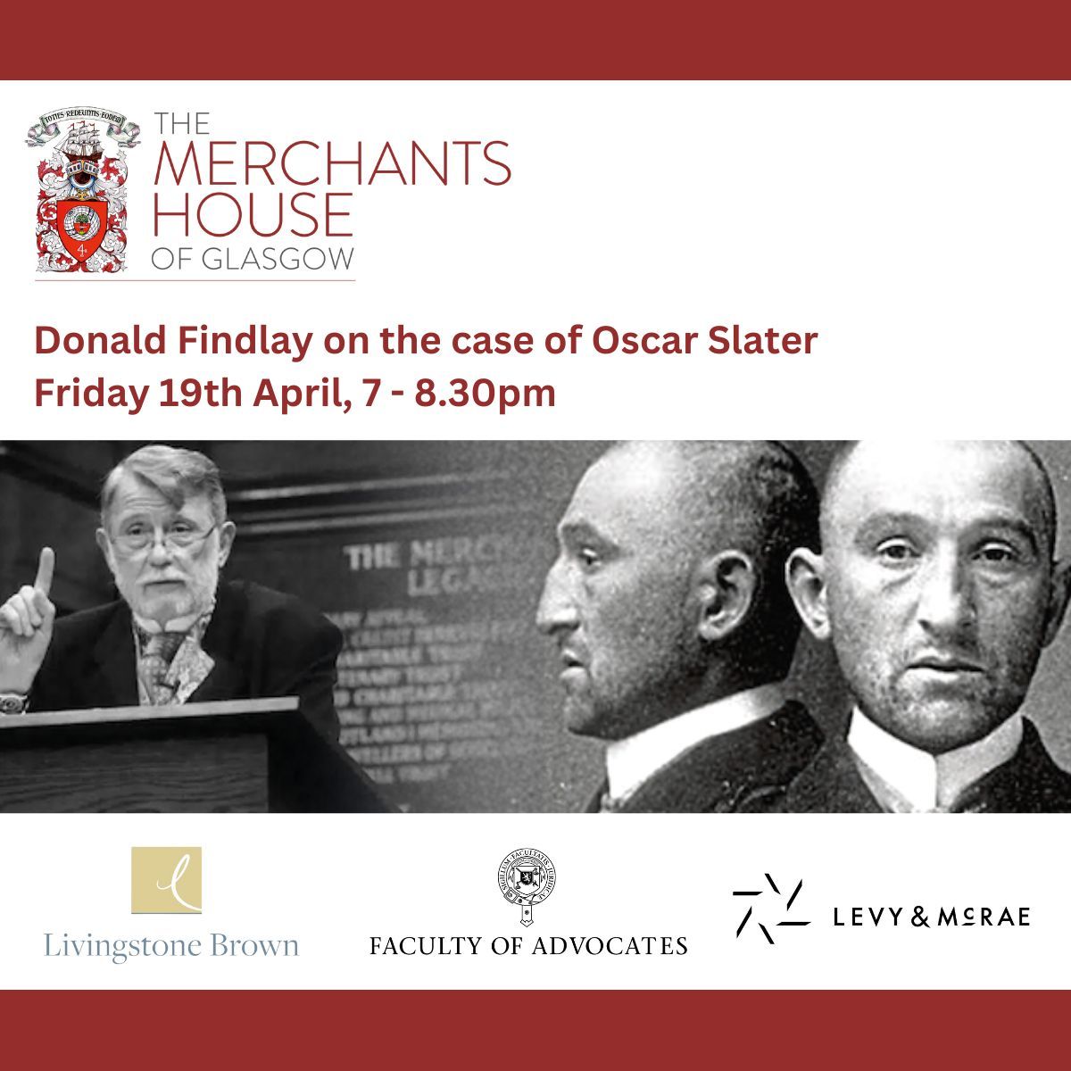 📢 Last few days to get your tickets for our talk on Oscar Slater by Donald Findlay KC. Book your ticket here: buff.ly/49RZPOr We are grateful to the Faculty of Advocates, Livingstone Brown and Levy & McRae for their generous sponsorship of this event.